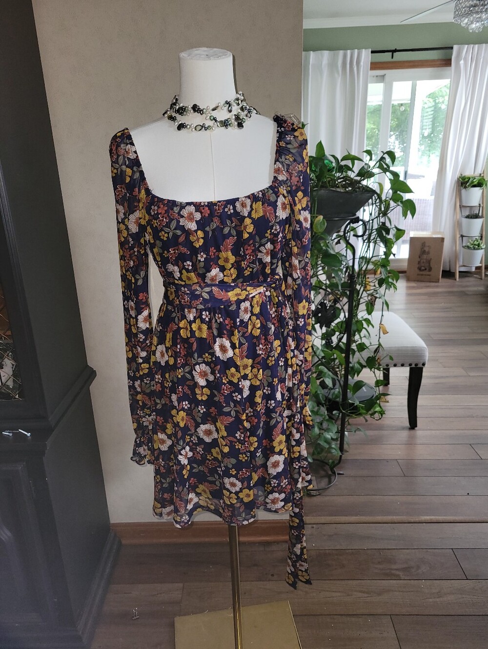 Bo Ho Floral Blue Scoop-Neck Long-Sleeve Dress